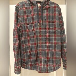 LL BEAN SLIGHTLY FITTED COTTON RED GREY PLAID HOODED SHIRT JACKET M REGULAR